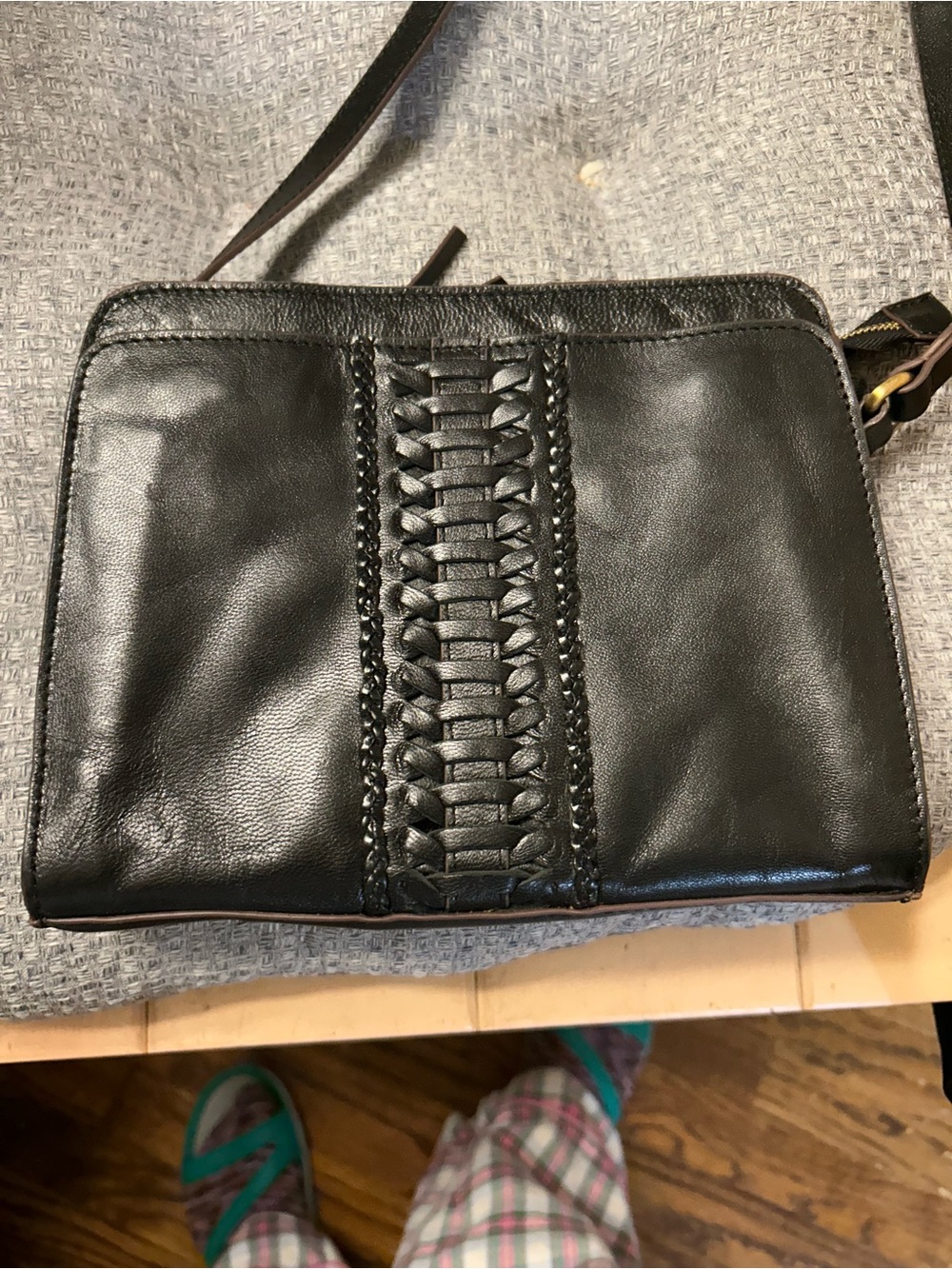 Lodis Black Leather Crossbody with Braided Center Panel
